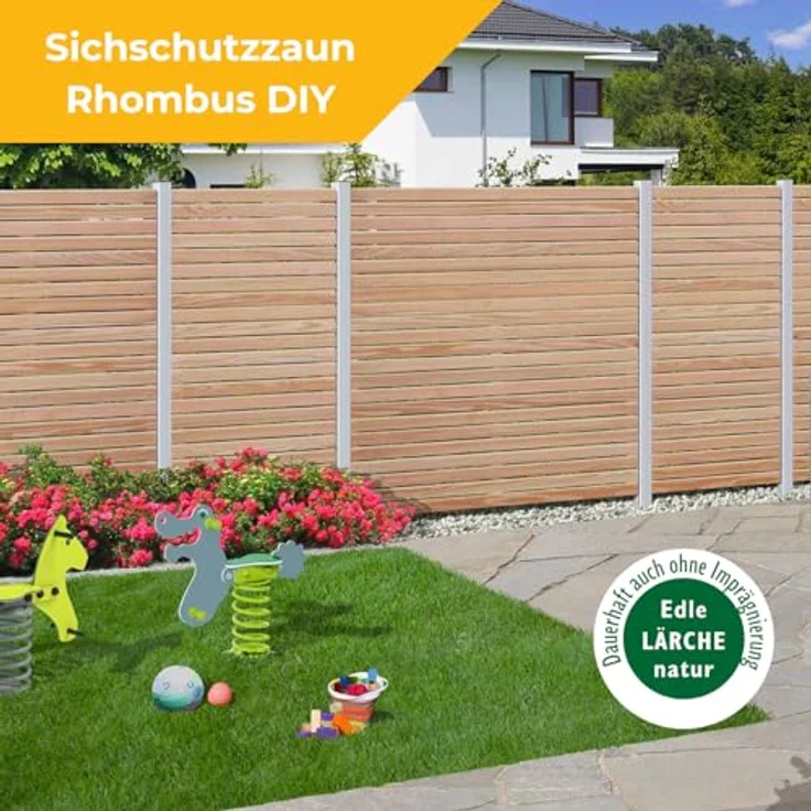 MEGA HOLZ Sichtschutzzaun Rhombus DIY, Lärche Natur, 180x180 cm, variabel in Höhe und Breite, stabile Lamellenstruktur – Bild 2
