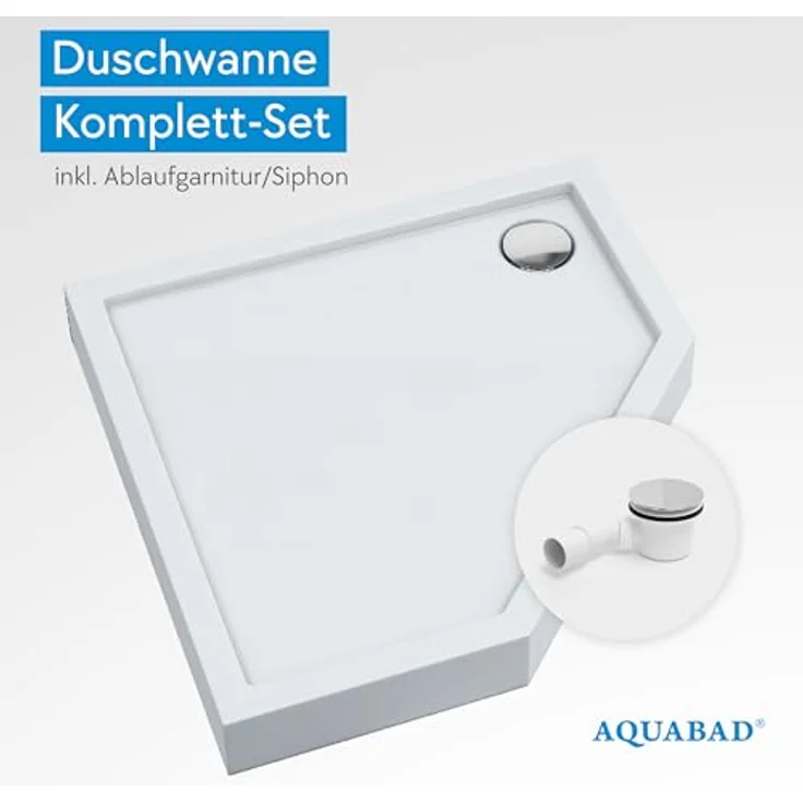Aquabad® Duschwanne ULTIMA, Fünfeck, Acryl, inkl. Ablaufgarnitur Alcadrain A49CR, 80x80 cm, Weiß – Bild 2