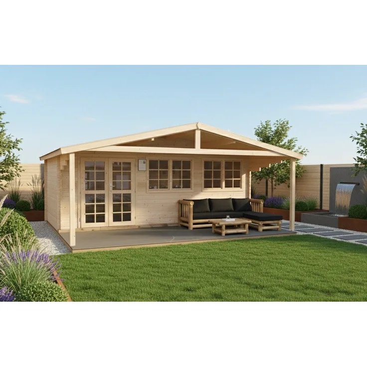 Finn Art Blockhaus Gartenhaus Norwegen 10, 6x3m mit 40mm Wandstärke, ohne Fußboden und Dacheindeckung, moderne Veranda, verglaste Doppeltür