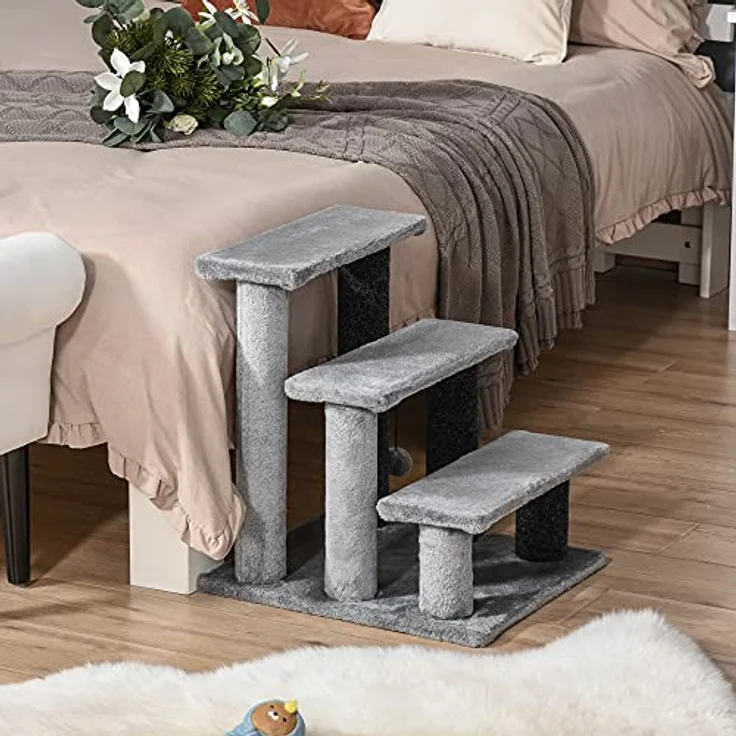 Pawhut Haustiertreppe mit Kratzbaum Ball 3-stufige Katzentreppe Hundetreppe Tiertreppe Spanplatte Plüsch Jute Grau 45 x 40 x 48 cm – Bild 2