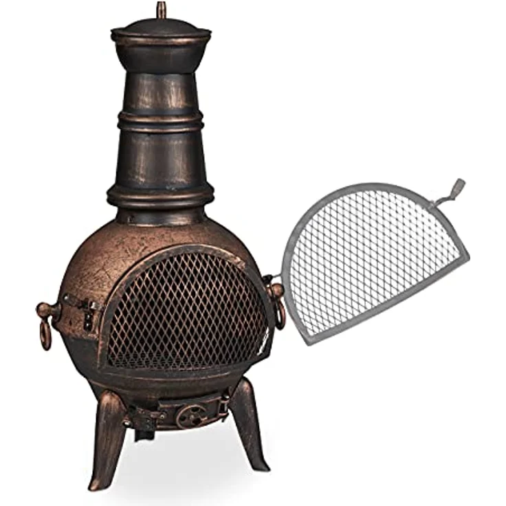 relaxdays Feuerkorb Terrassenofen in Bronze, Gusseisen, Aztekenofen für Garten und Terrasse, stabiler Gartenofen mit Funkenfluggitter – Bild 6