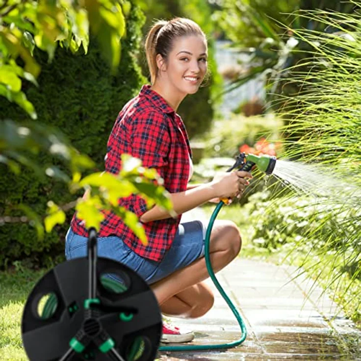 Relaxdays Schlauchtrommel 30m, Wasserschlauchaufroller leer für Garten, Camping o. Balkon, HBT 39x43x30 cm, schwarz-grün – Bild 6