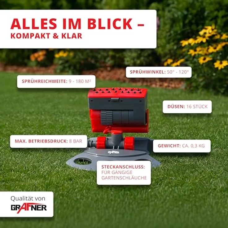 Grafner Rasensprenger RS10822 Sprinkler mit 3 Armen (45° drehbar) Sprinkler 360° drehbar – Bild 8