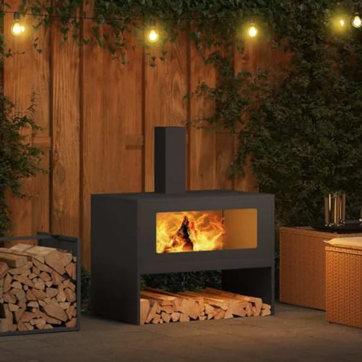 vidaXL Feuerstelle Schwarz 80 x 50 x 96 cm, Kaltgewalzter Stahl, moderne Garten- und Terrassenheizung mit offenem Design – Bild 2