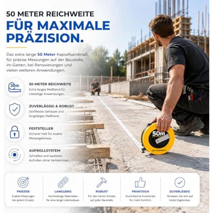 TK Gruppe Timo Klingler XXL Kapselbandmaß 30 Meter, robustes Maßband mit Halterung und präziser Skalierung, ergonomischer Griff und zuverlässiges Aufrollsystem – Bild 4