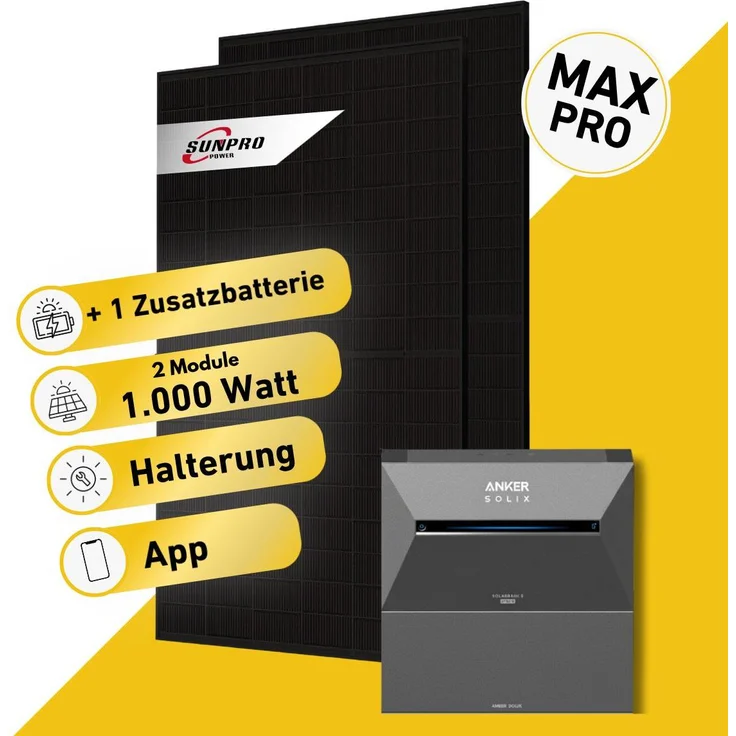Balkonstrom Balkonkraftwerk 1000W Solaranlage mit 1x Zusatzspeicher, 2x Bifazialen Solarmodulen, Anker Solix 4 Pro und 15m Kabel für flexibles Energiemanagement