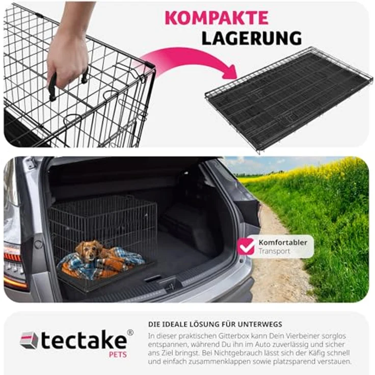 tectake® Hundekäfig, Hundegitter Box, Dog Kennel, Hundebox faltbar, Transportbox stabil, für Hunde und Welpen, 78 x 48 x 52,5 cm - Stahl, für Auto, Camping und Zuhause – Bild 3