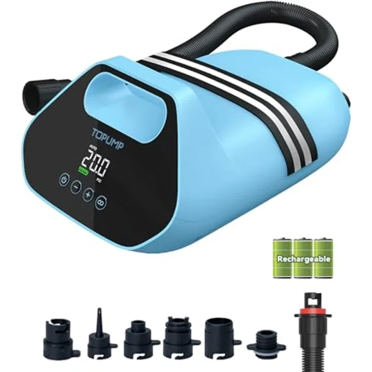 TOPUMP TPS300 SUP Pumpe Elektrisch Akku, 20 PSI Hochdruck Luftpumpe mit Auto-Off, 96,2 Wh, Type-C Schnellladung, LED-Digitalanzeige, für Stand Up Paddle Boards, Boote und Kajaks