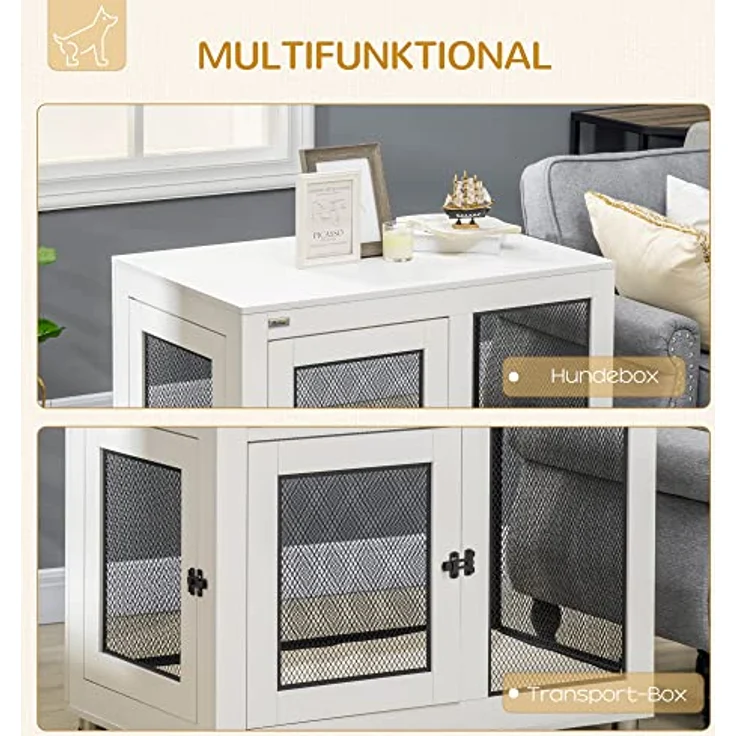 PawHut Hundekäfig, Haustierkäfig, Hundehaus, Hundehütte mit Kissen, Hundebox Indoor, Tierkäfig mit 2 Türen für kleine Hunde bis mittelgroße Hunde, Weiß+Schwarz, 94 x 60 x 71,5 cm – Bild 5