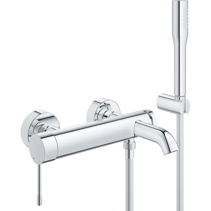 GROHE Essence 1-Loch-Einhand-Wannenbatterie mit Brausegarnitur, Chrom, Professional Edition, Temperaturbegrenzer, Wandmontage, integrierter Rückflussverhinderer
