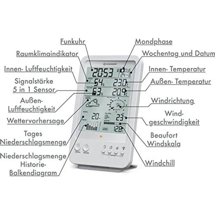 Bresser Wetterstation Funk mit Außensensor Wetter Center 5-in-1, Weiß – Bild 3