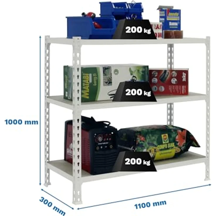 Simonrack Maderclick SuperPlus Metallregal, 3 Böden, Weiß, 100 x 110 x 30 cm, Traglast 200 kg pro Boden, steckbar – Bild 3
