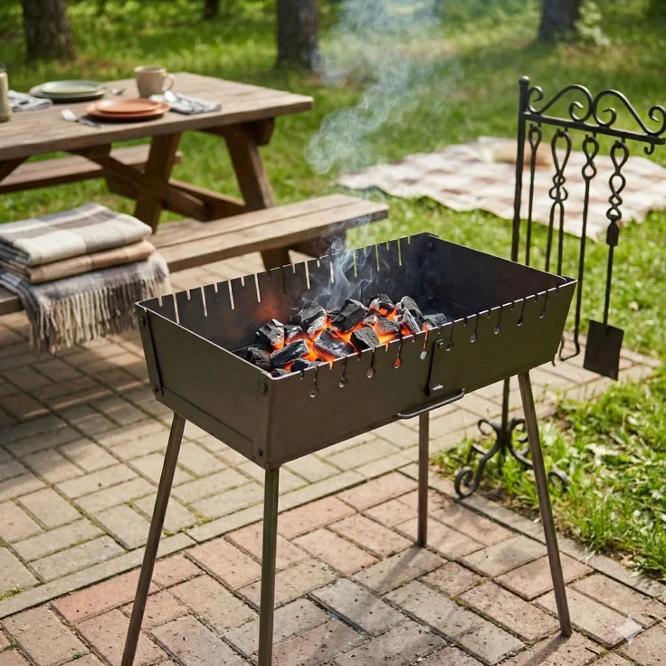 GOROCH Mangal Grill Koffer, Tragbarer Holzkohlegrill aus 3 mm Stahl für 10 Spieße, faltbar für Camping & Garten