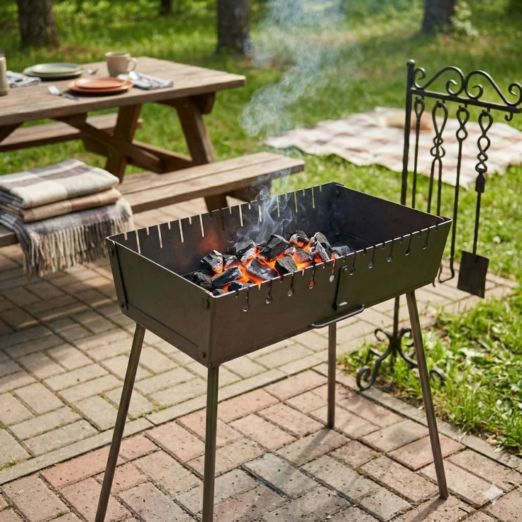 GOROCH Mangal Grill Koffer, Tragbarer Holzkohlegrill aus 3 mm Stahl für 10 Spieße, faltbar für Camping & Garten
