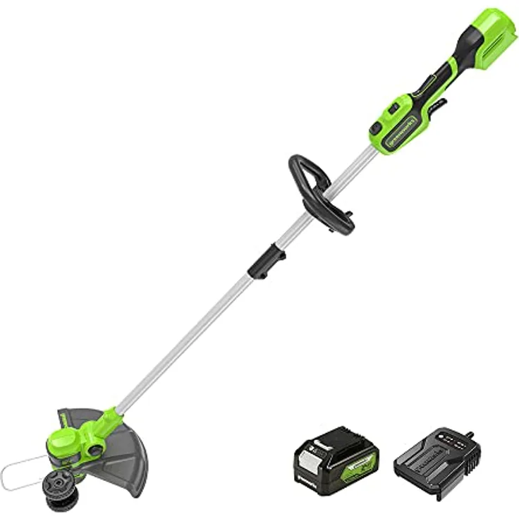 Greenworks GD24LT33K4, 24V Akku Rasentrimmer & Kantenschneider mit Rad, 33cm Schnittbreite, automatischer Vorschub, 2mm Nylonfaden, inkl. 4Ah Akku & Ladegerät, 3 Jahre Garantie