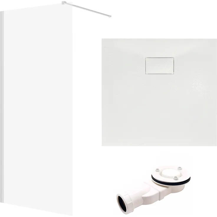 BADLAND KETIL Walk-In Dusche 80x195 cm + VIDAR Duschwanne 80x80 cm - Quadratisch, Transparent, 8 mm Gehärtetes Nano Glas, Weiß Steinoptik, inkl. Siphon