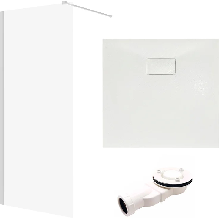 BADLAND KETIL Walk-In Dusche 80x195 cm + VIDAR Duschwanne 80x80 cm - Quadratisch, Transparent, 8 mm Gehärtetes Nano Glas, Weiß Steinoptik, inkl. Siphon
