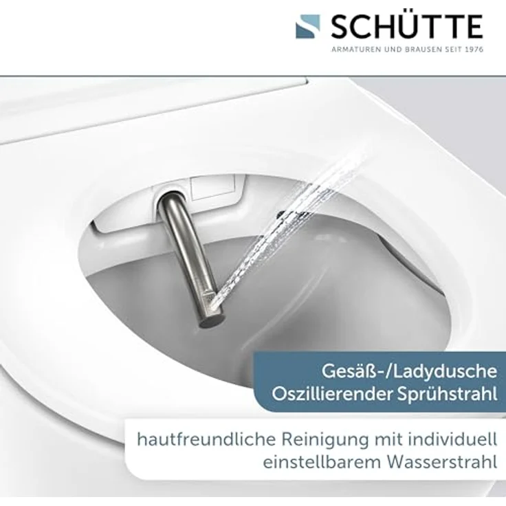 SCHÜTTE CESARI Dusch WC Set, WC mit Bidetfunktion, hängendes WC ohne Spülrand, inklusive Gesäß- und Ladydusche, LED Nachtlicht, D-Form Slim WC Sitz mit Absenkautomatik – Bild 2