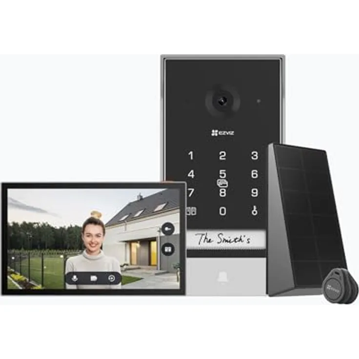 EZVIZ Akku Video Türsprechanlage mit Solarpanel, 2K Gegensprechanlage mit Kamera, 7" Farb-Touchscreen und 2-Wege-Audio, Dualband, Türsprechanlage unterstützt Passwort, Halow-Verbindung, EP7 - Solarbetriebene 2K Türklingel mit Halow WLAN, 7" Touchscreen, wetterfest (Schwarz)