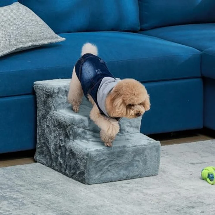 PawHut Hundetreppe 3-stufig, 35 cm Katzentreppe für Bett und Sofa, Haustiertreppe für Hunde und Katzen bis 5 kg, Plüschoptik, Hellgrau – Bild 2