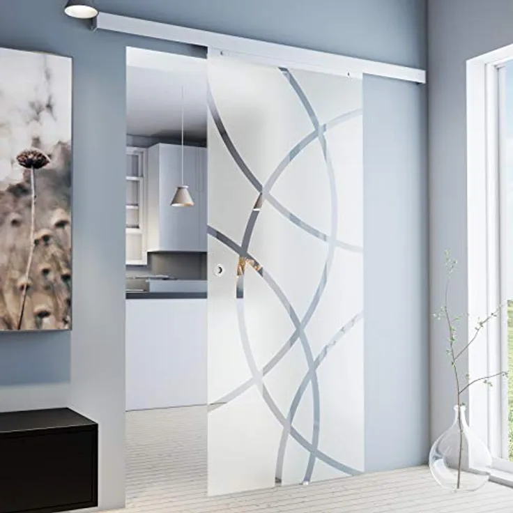 inova Glas-Schiebetür Komplettset 755 x 2035 mm, Kreis Design, 8 mm ESG, Alu Lauf-Schiene mit Griffmuschel, beidseitiger Softclose, rahmenlos