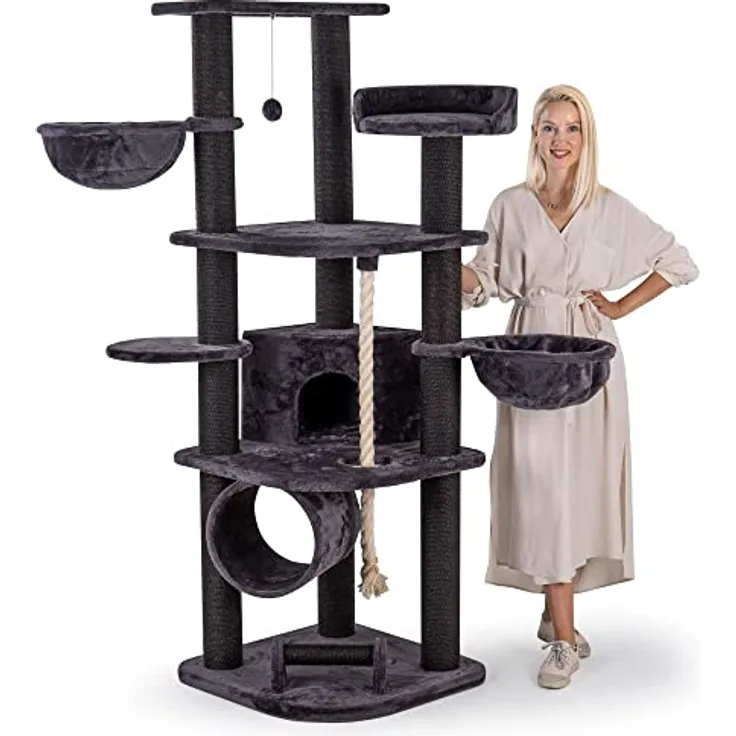 HAPPYPET Kratzbaum für Katzen groß 181 cm hoch - Stabiler Kletterbaum Katzenbaum, Dicke Stämme mit 11 cm, Haus & Spieltunnel, große Liegemulden, Spietau mit Kratzrolle, Anthrazit
