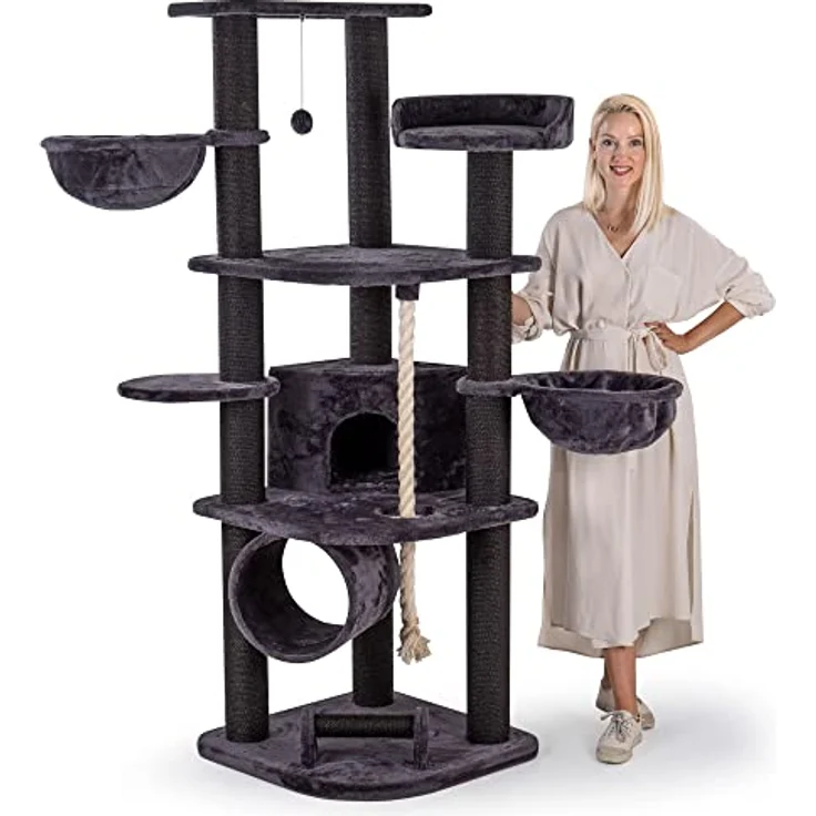 HAPPYPET Kratzbaum für Katzen groß 181 cm hoch - Stabiler Kletterbaum Katzenbaum, Dicke Stämme mit 11 cm, Haus & Spieltunnel, große Liegemulden, Spietau mit Kratzrolle, Anthrazit – Bild 1