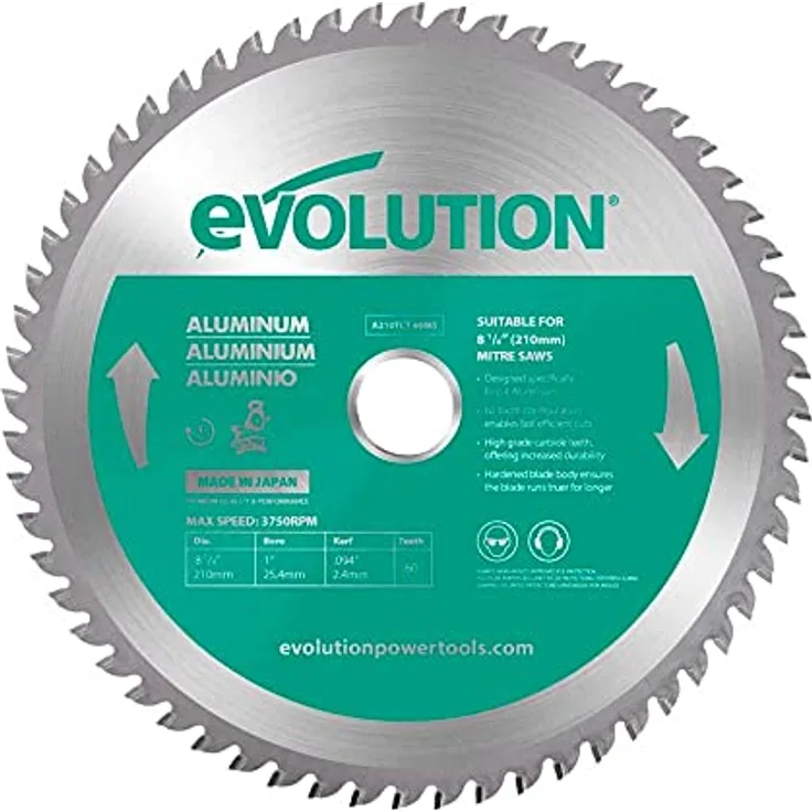 Evolution A210TCT-60MS - 210 mm Sägeblatt zum Schneiden von Aluminium - Metall-Sägeblatt Hartmetallbestückung erzeugt praktisch keine Hitze, Grate oder Funken