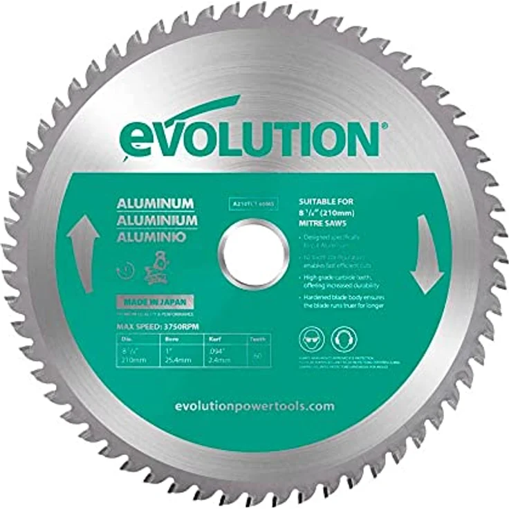 Evolution A210TCT-60MS - 210 mm Sägeblatt zum Schneiden von Aluminium - Metall-Sägeblatt Hartmetallbestückung erzeugt praktisch keine Hitze, Grate oder Funken – Bild 1