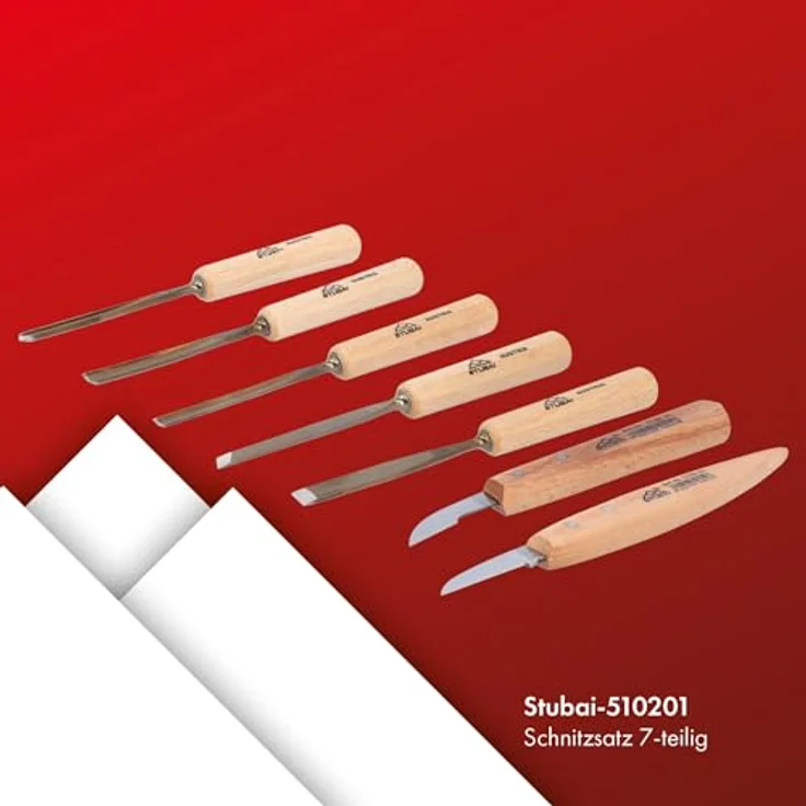 STUBAI Schnitzersatzset Kerbschnitzmesserset Serie 52, 7-teilig - Balleisen 5 mm & 10 mm + Hohleisen 4 mm, 6 mm & 10 mm + 2 Kerbschnitzmesser, Schnitzeisen mit Holzgriff, zur Bearbeitung von Holz – Bild 3