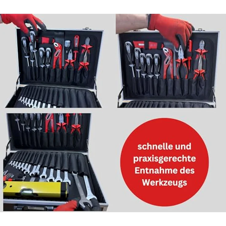 Famex 744-47 Werkzeugkoffer, gefüllt mit hochwertigem Werkzeug-Set und Steckschlüsselsatz, Aluminium-Design, robuster Koffer aus CV-Stahl – Bild 4