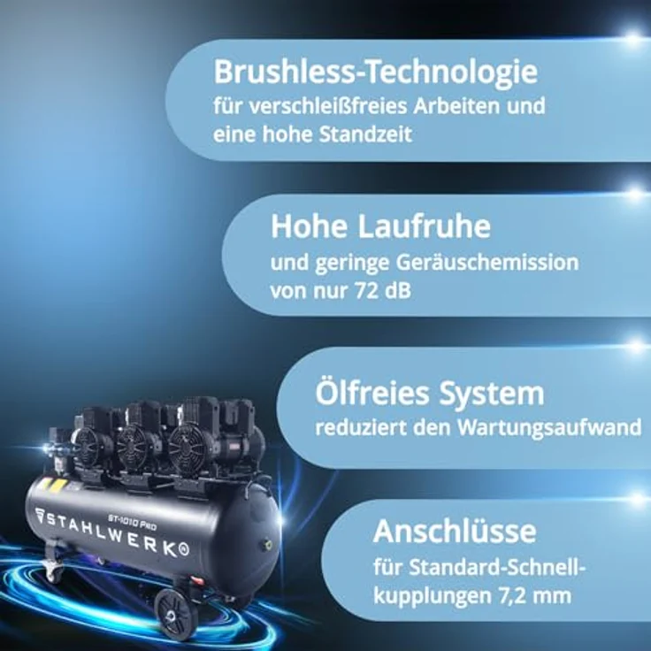 STAHLWERK Kompressor ST-1010 Pro, ölfrei, 120 L Kesselvolumen, 5,91 PS, 750 l/min, 72 dB Lautstärke – Bild 4