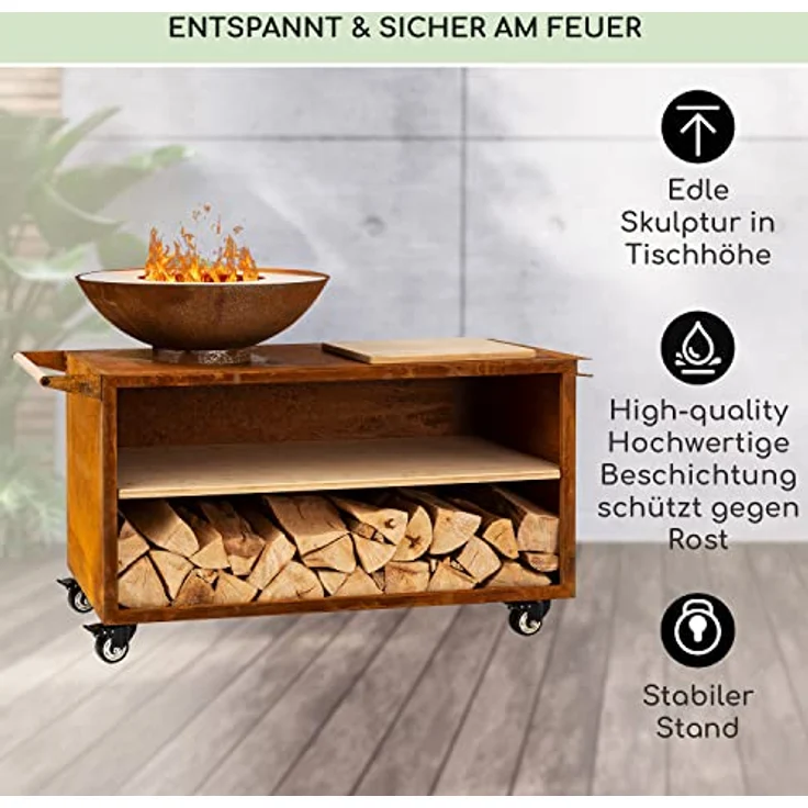 Blumfeldt Feuerschale, Tragbare Feuerschalen für den Garten, Outdoor Feuerstelle mit Grillrost, Groß, Rost-Optik – Bild 3