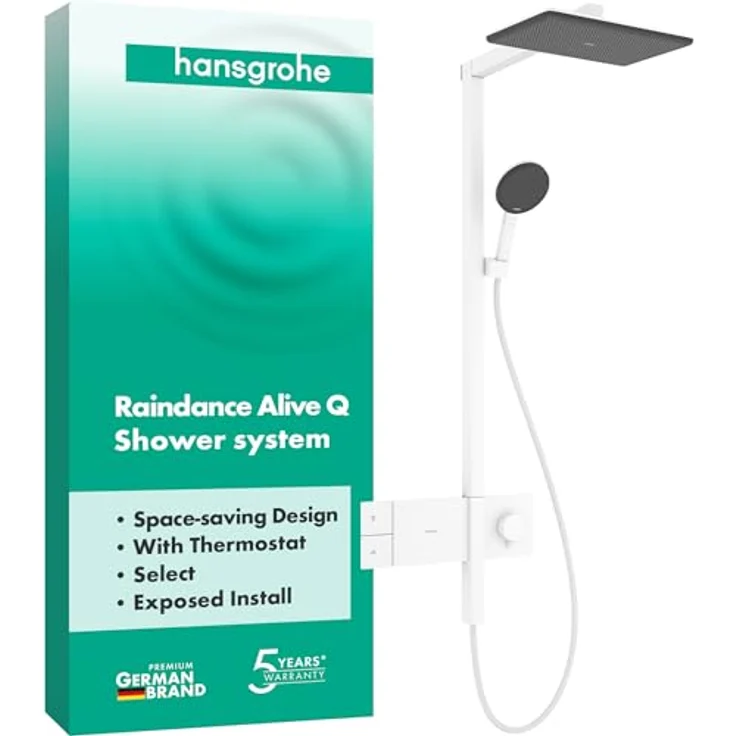 hansgrohe Raindance Alive Q, Duschsystem mit Thermostat, Regendusche 340 x 210 mm, Handbrause mit 3 Strahlarten, matte weiße Oberfläche und grafitfarbene Strahlplatte – Bild 1