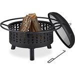 Relaxdays Feuerschale, mit Funkenschutz & Kohlerost, Schürhaken, Garten & Terrasse, HxD: 55 x 75 cm, Feuerkorb, schwarz