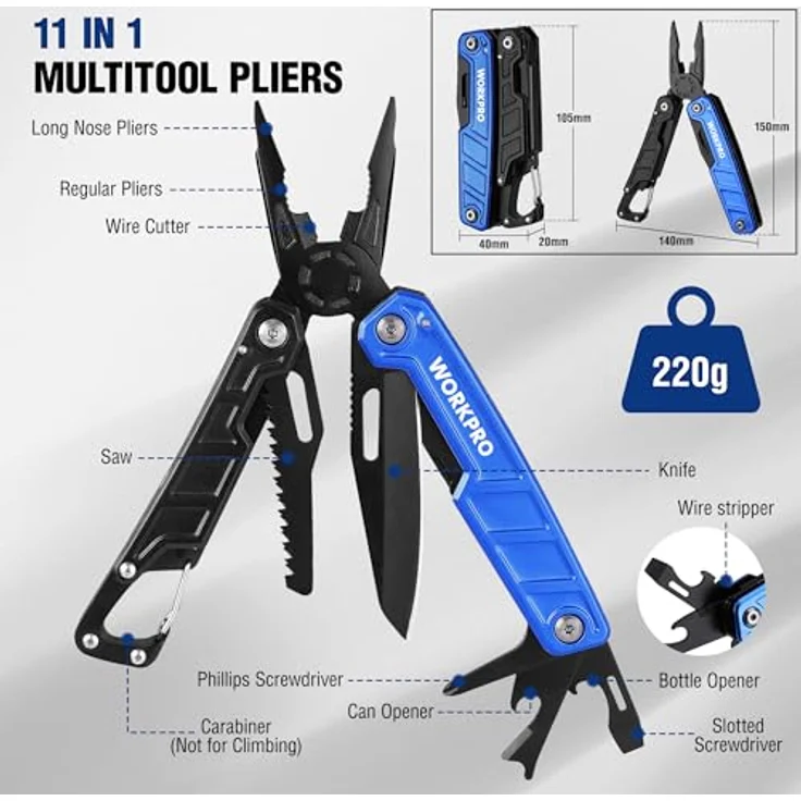 WORKPRO Multifunktionszange 11-in-1 Faltbar Multitool Edelstahl mit Karabiner, Spitzzange, Kabelschneider, Flaschenöffner, Schraubendreher für Outdoor, blau mit Tragtasche – Bild 2