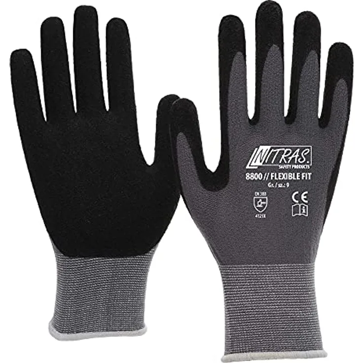 Nitras "Flexible Fit" Schutzhandschuh Gr. 10, 12 Paar, graues Trägermaterial mit schwarzer Nitril-PU-Beschichtung, sehr guter Grip und Fingerfertigkeit