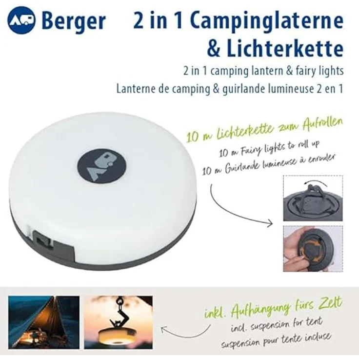 BERGER 2in1 Campinglaterne und Lichterkette, 10 m, 5 Modi LED Outdoor Lampe warmweiß, USB aufladbar, wasserdicht, für Zelt und Wohnwagen – Bild 2
