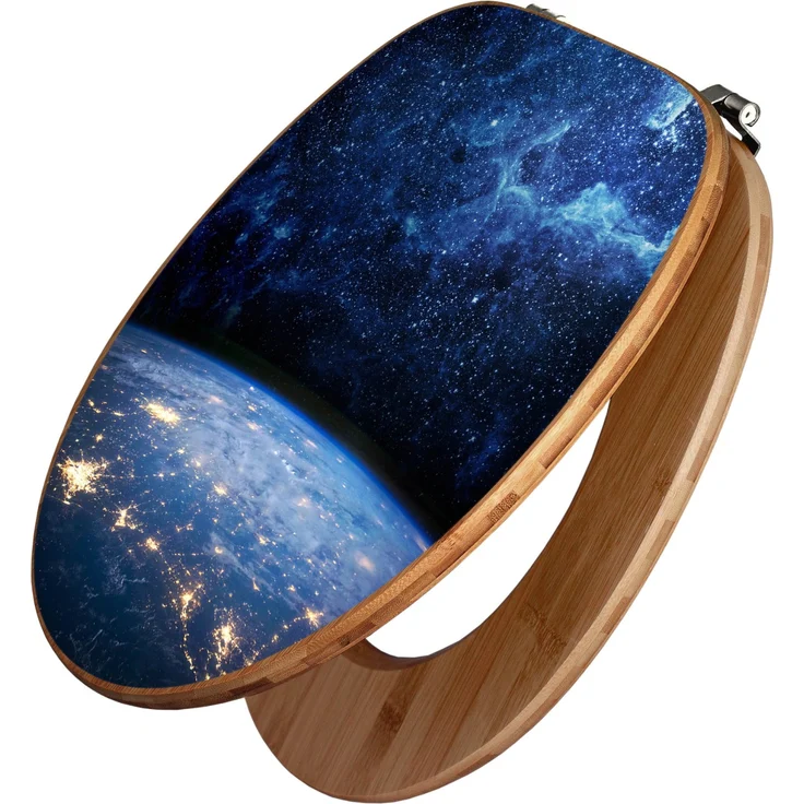 Banjado Bambus WC Sitz, Toilettendeckel mit Galaxie Motiv, Universal Scharnieren, 44cm x 38cm x 5,5cm, aus robustem Holz