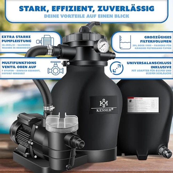 KESSER Sandfilteranlage Sandfilter + 700g Filterbälle ersetzen 25kg Filtersand 7-Wege Ventil mit Druckanzeige Poolfilter 10 m³-h Filteranlage Filterkessel für Pool Schwimmbecken 10.200 L-h Schwarz – Bild 8