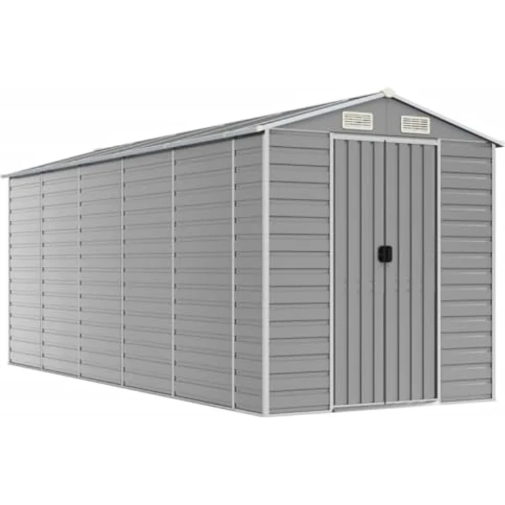 vidaXL Gerätehaus, Gartenhaus mit Schrägdach Griffe, Gartenschuppen Schuppen mit Stauraum, Geräteschuppen Metallschuppen, Hellgrau 191x470x198 cm Verzinkter Stahl – Bild 1