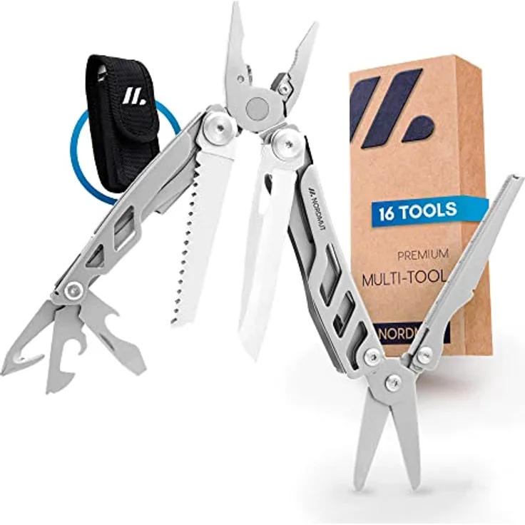 NORDMUT® Multitool Werkzeug [16 in 1] Edelstahl Taschenmesser mit 16 praktischen Werkzeugen | Outdoor Messer Multifunktionstool faltbar mit Zange, Schere, Messer und Säge für Outdoor und Camping