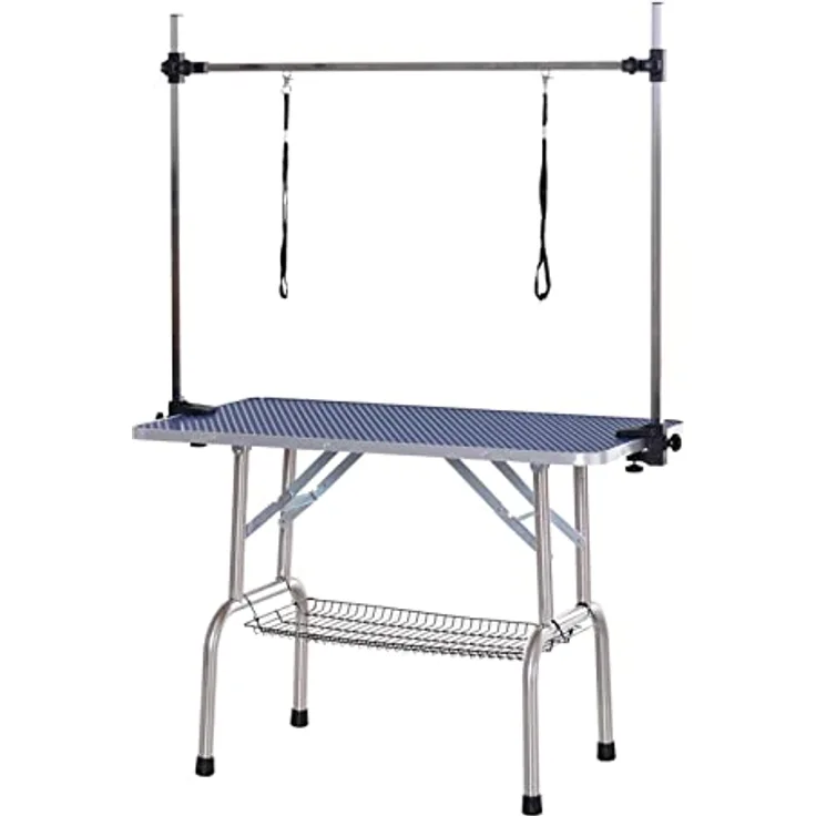 Pawhut Trimmtisch Tierpflegetisch Schertisch Pflegetisch mit Unterkorb für Hunde höhenverstellbar klappbar Edelstahl Metall Blau 107 x 60 x 170 cm