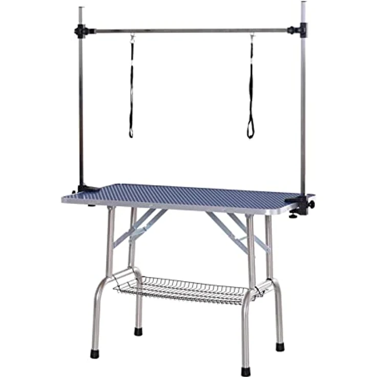 Pawhut Trimmtisch Tierpflegetisch Schertisch Pflegetisch mit Unterkorb für Hunde höhenverstellbar klappbar Edelstahl Metall Blau 107 x 60 x 170 cm – Bild 1