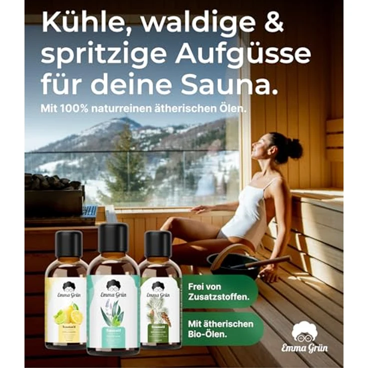 Emma Grün® Bio Saunaaufguss Set 3x 100ml - Ätherische Öle mit Bio Zitrusölen, Eukalyptus & Zirbenöl, Hochdosiert für 10-20 Saunagänge – Bild 2