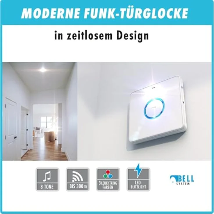 m-e BELL-232.3 Funkklingel Set für 2-Familien-Haus, LED-Leuchtring mit 8 Melodien und stufenloser Lautstärkeregelung, spritzwassergeschützt IP44, mit Namensschild, bis zu 200 m Reichweite – Bild 2