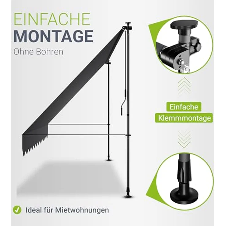 Juskys Klemmmarkise Kapstadt 400x120 cm - Höhenverstellbar & UV-beständig - Wetterfest & Sichtschutz - Terrassenüberdachung Grau – Bild 3