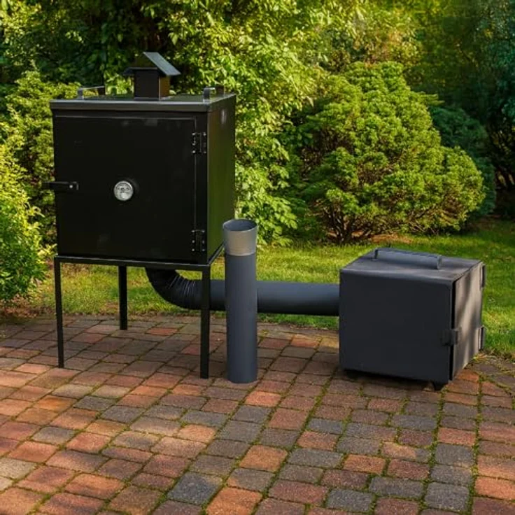 QLS Metall Räucherofen, 50×50×50 cm mit Thermometer, 6 Haken, Deflektor, Rohrset – robuste Stahlblechkonstruktion, hitzebeständig, externer Feuerkasten – Bild 2