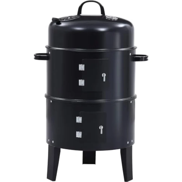vidaXL Outdoor Grill Ø 40 x 80 cm, Kohlegrill aus Stahl Schwarz mit 3-in-1 Funktion und zwei Grillrosten – Bild 7