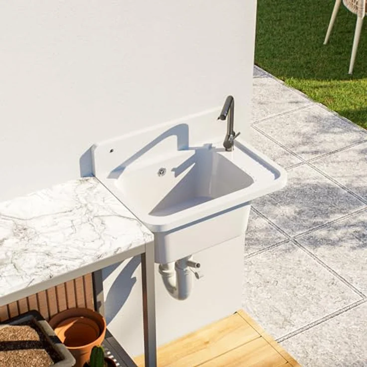 QLS Küchenspüle Vigo, Kunststoff-Spülbecken 50 x 34 cm, für draußen Garten Werkstatt, in Weiß – Bild 4